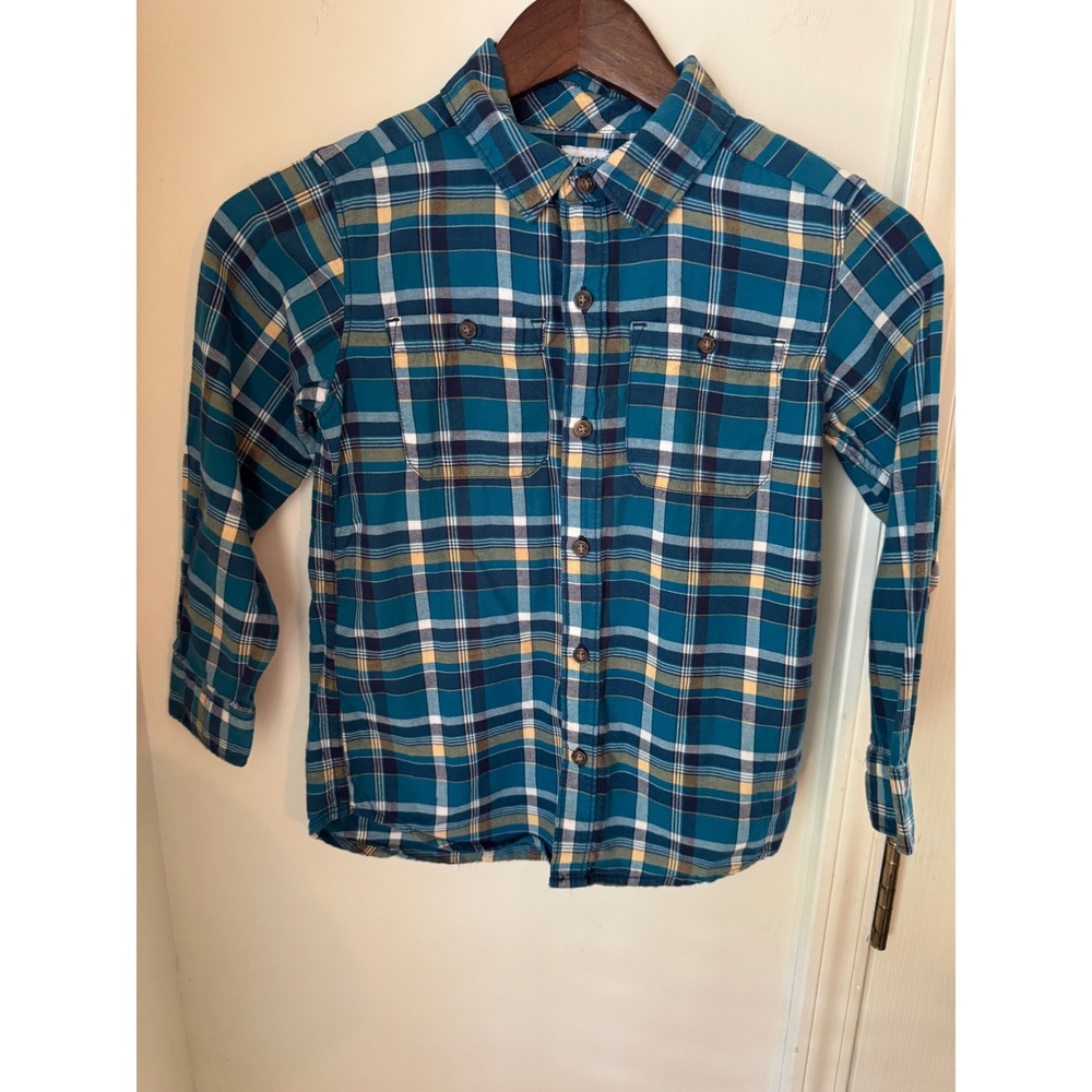 Carters Boys Teal Blue Yellow Plaid Flannel Button Down Shirt Size 7 3J248910